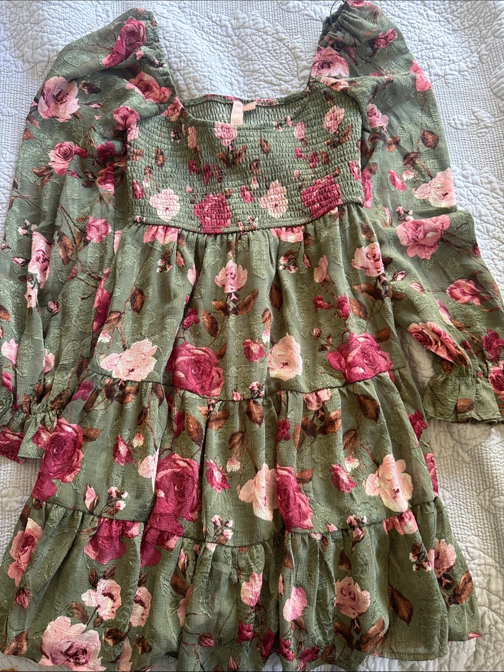 Floral Smocked Mini Dress in Olive and Pink